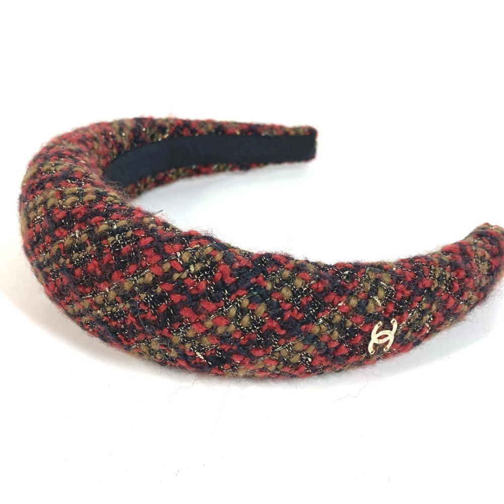 CHANEL 21K Tweed CC Coco Mark Logo Headband Hairband Hair Accessory Women's Red